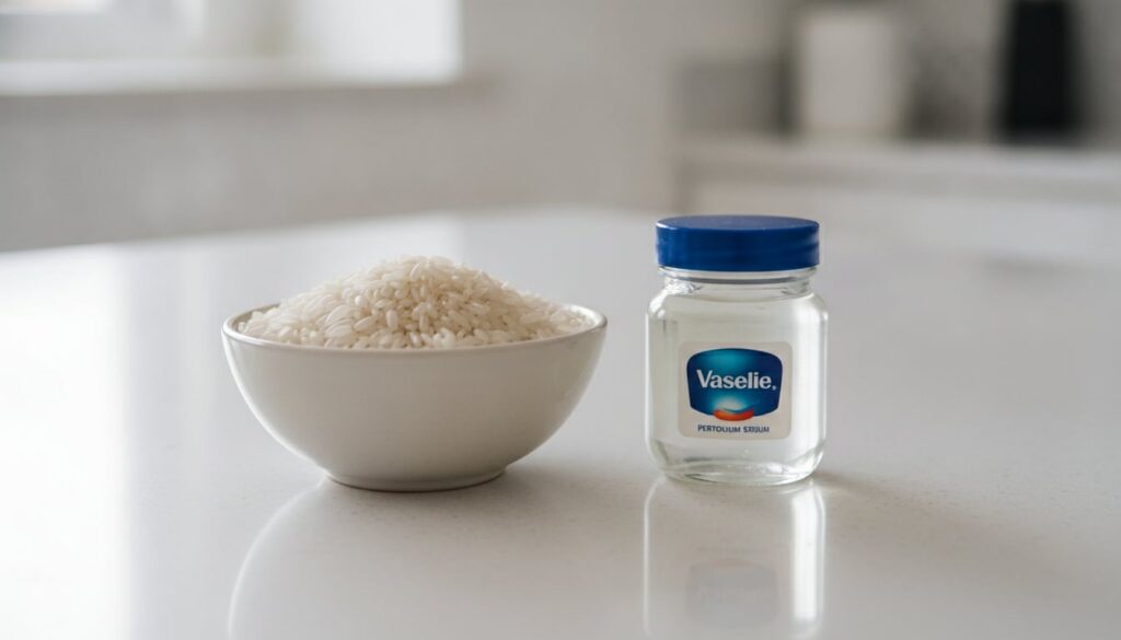 Close-up of uncooked white rice grains and a jar of Vaseline petroleum jelly on a simple kitchen counter
