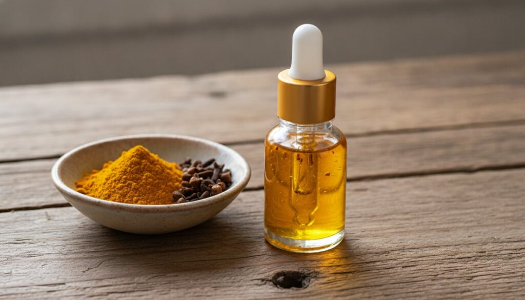 A small glass bottle filled with golden infused oil next to a bowl of turmeric and cloves suggesting a finished DIY prod