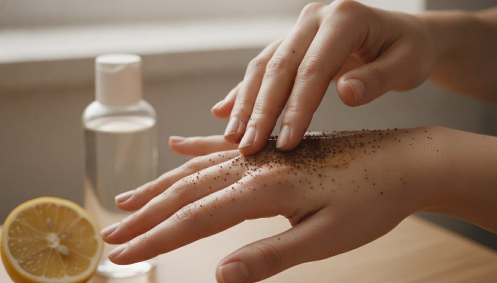 A hand gently massaging a coffee ground and baby oil blend onto the back of another hand with a lemon wedge visible in t