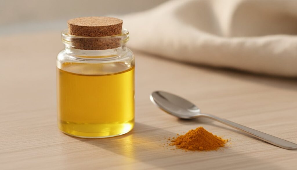 A close-up of a small glass jar containing a yellow-tinted oil blend with a spoon beside it and some turmeric powder spr