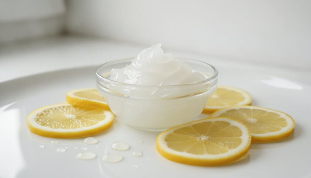 A small bowl with Vaseline and lemon slices nearby ready for mixing a DIY skincare treatment