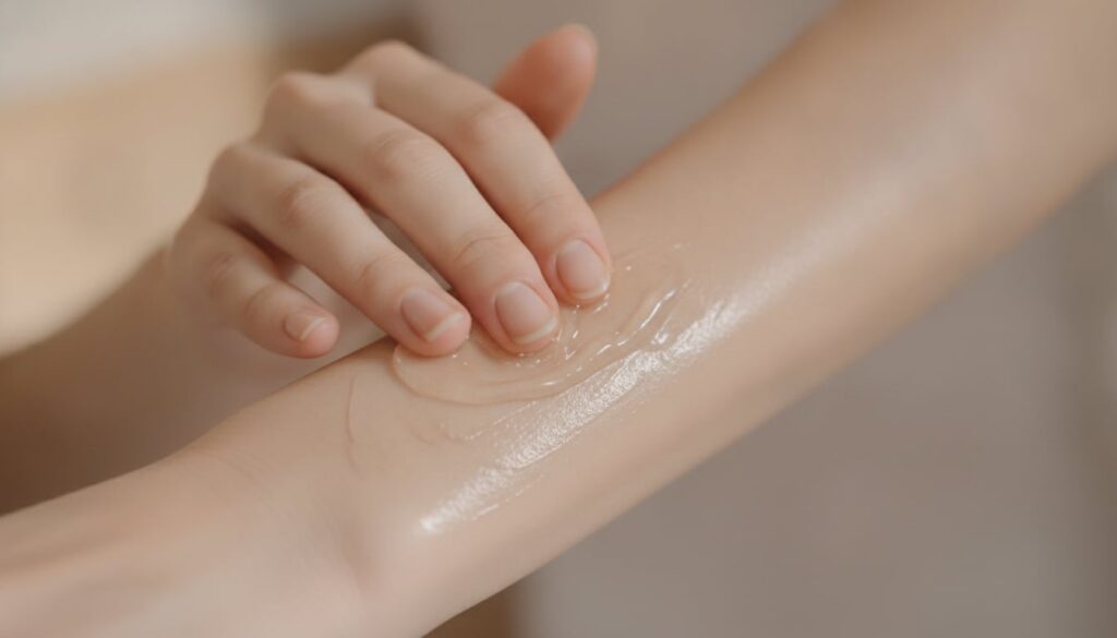 A close-up of hands applying a Vaseline and baby oil mixture to smooth skin showing a natural glow