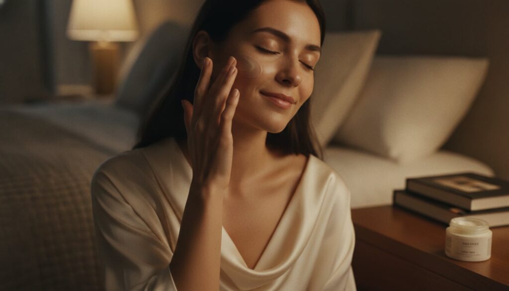 A woman gently applying a thin layer of balm to her face at night her skin looking soft and luminous