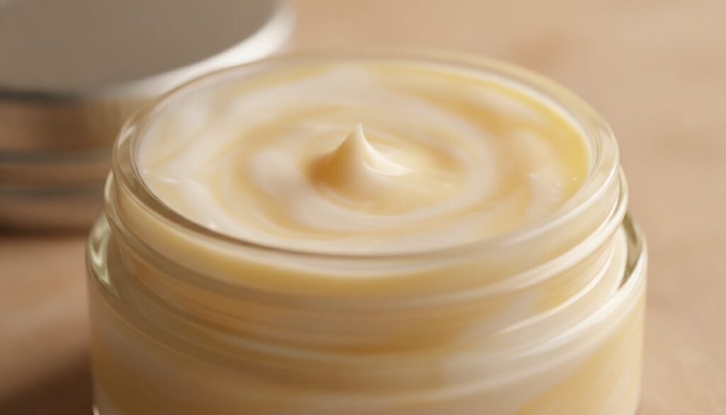 Close-up of a small glass jar containing a freshly mixed white and yellow balm showing a smooth creamy texture