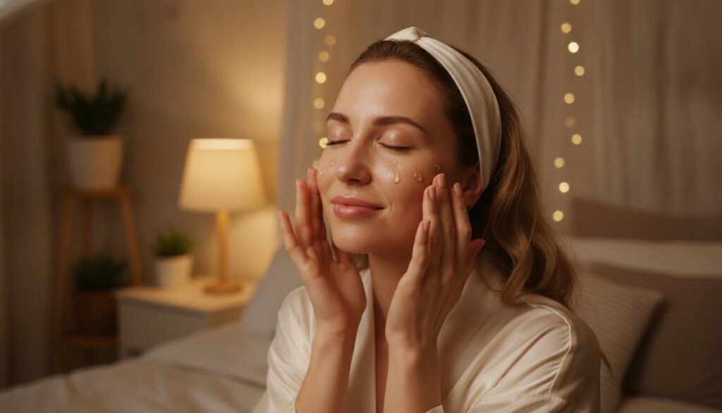 A woman applying a homemade oil to her face at night demonstrating the gentle application technique