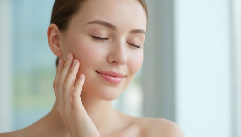 A woman with glowing clear skin touching her face gently showcasing a smooth hydrated complexion