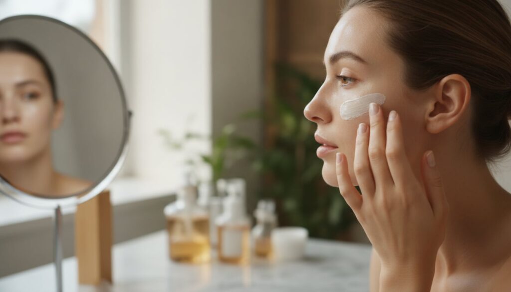 A woman gently applying a small amount of DIY Vaseline and baking soda mask to her cheek looking in a mirror Her skin ap