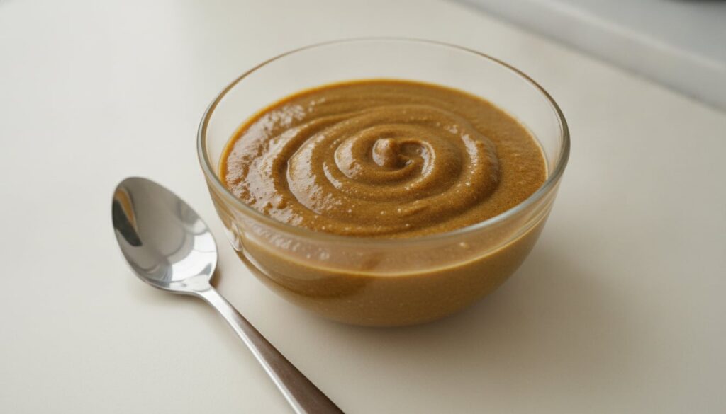 A close-up of a perfectly mixed thick golden-brown paste of coffee turmeric and Vaseline in a small glass bowl with a cl