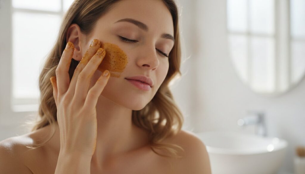 A woman with glowing clear skin gently applying the coffee and turmeric mask to her cheek in a bright clean bathroom set