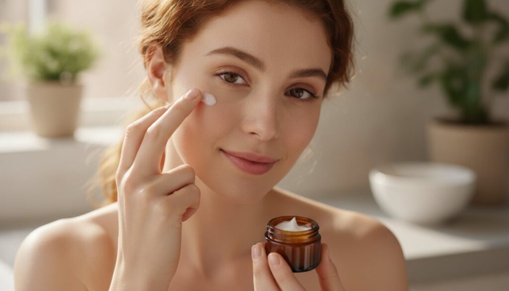 A woman gently dabbing a small amount of the Vaseline and vitamin E mix onto her clean face specifically targeting the a