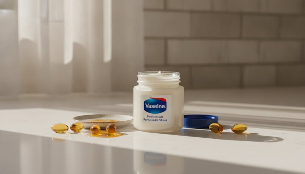 Two ingredients on a clean counter a jar of Vaseline and a small bottle or several capsules of Vitamin E oil ready to be