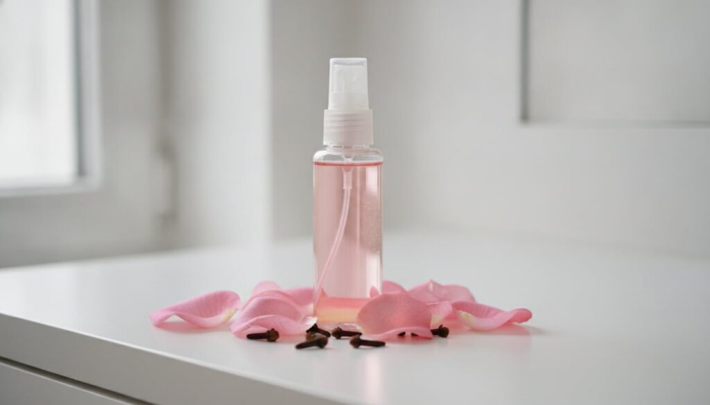 A clear glass spray bottle filled with a light pink liquid clove rose water placed on a clean vanity with a few fresh ro