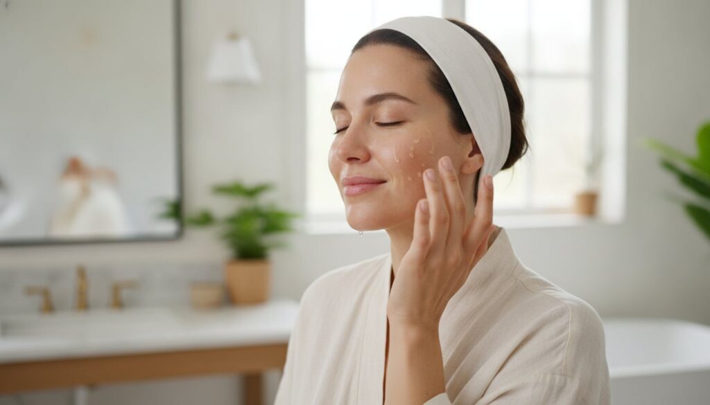 A woman gently patting clove rose water onto her cleansed face with a soft natural glow in a brightly lit bathroom conve