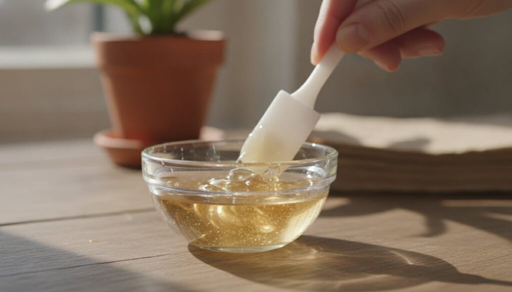 Close-up of a small glass bowl with melted Vaseline and the contents of several vitamin E capsules being stirred togethe