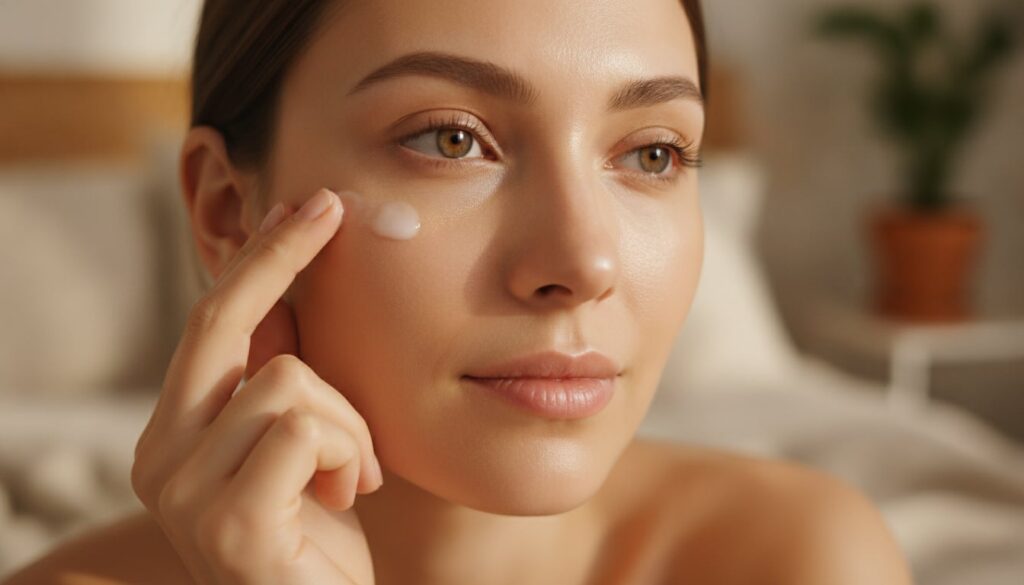 A woman gently applying a small amount of the DIY Vaseline balm to her under-eye area with her fingertip her skin lookin