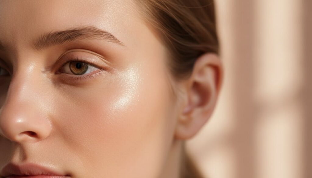 Close-up of a woman s radiant dewy skin showing a smooth and hydrated glass skin effect possibly with a subtle reflectio