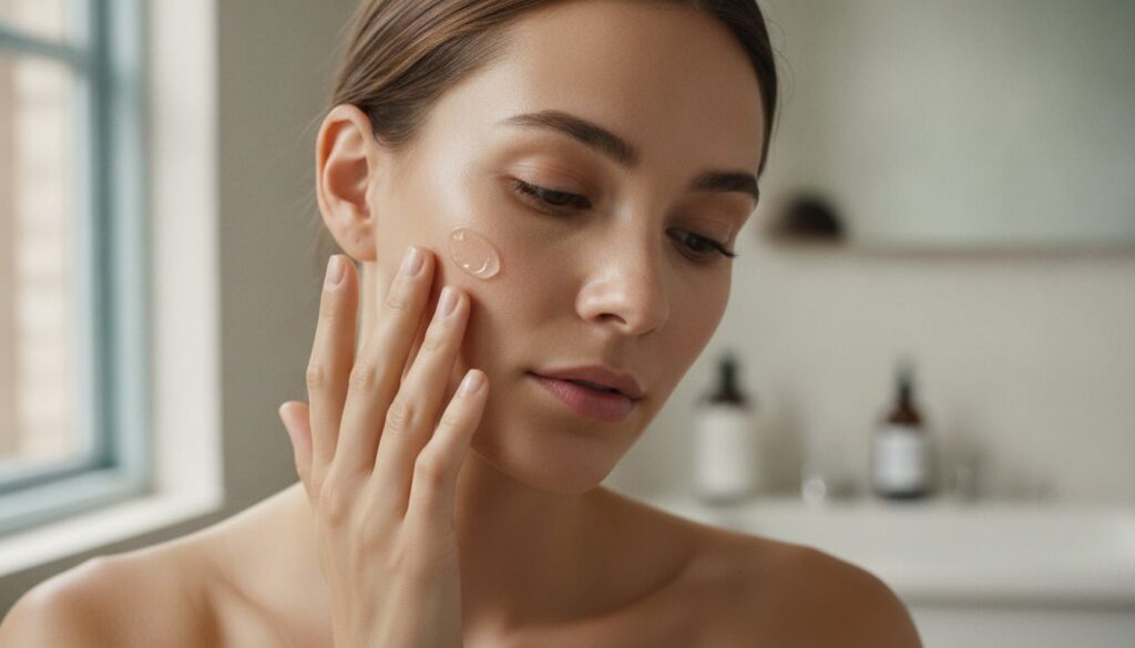 A woman gently patting a small amount of petroleum jelly onto her cheek with her fingertips demonstrating the applicatio