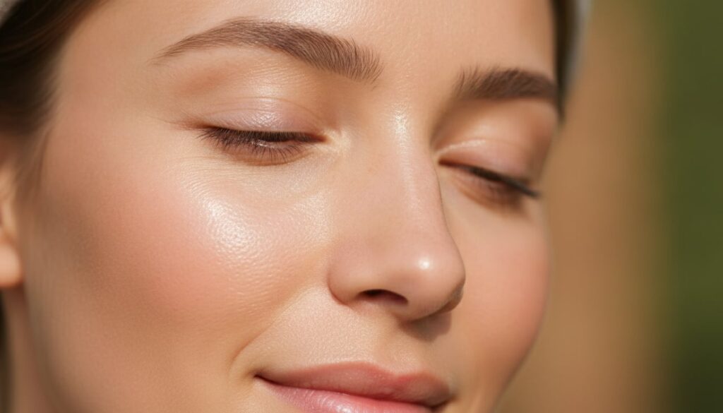 A close-up of a woman s radiant smooth skin on her face showing a healthy glow after using a natural beauty product The 