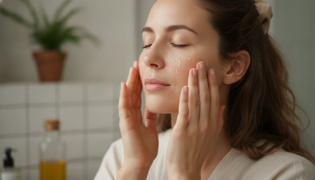 A woman gently massaging a few drops of the homemade oil blend onto her clean face focusing on her cheeks and forehead H