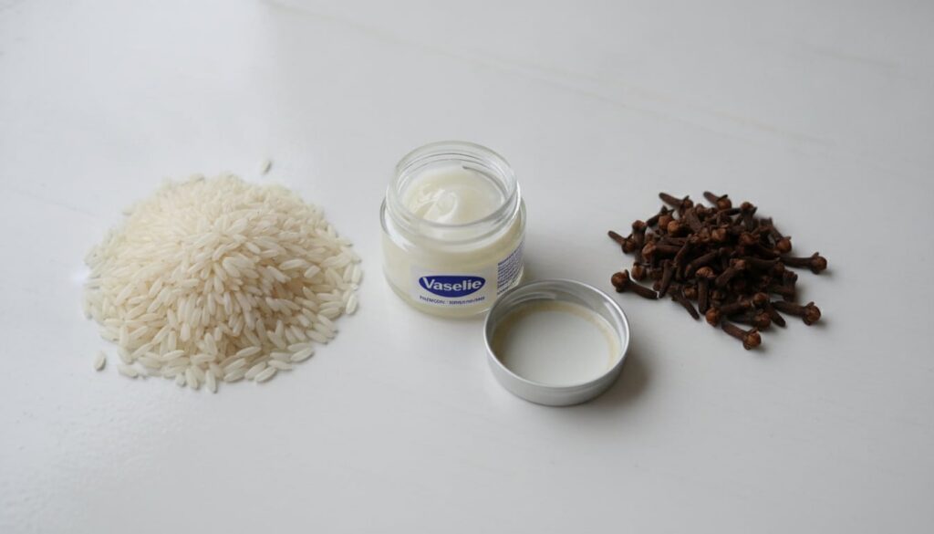 A flat lay of the ingredients for the remedy a small jar of Vaseline a small bowl of white rice and a small pile of whol
