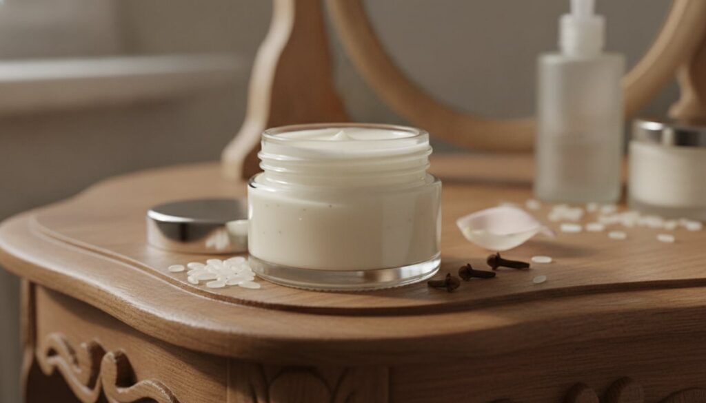 A close-up shot of a small glass jar filled with the finished Vaseline rice and clove balm showing a smooth creamy textu