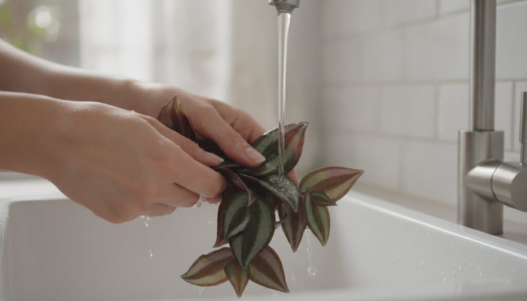 Hands carefully selecting and rinsing fresh Tradescantia Zebrina leaves under a gentle stream of water in a kitchen sink
