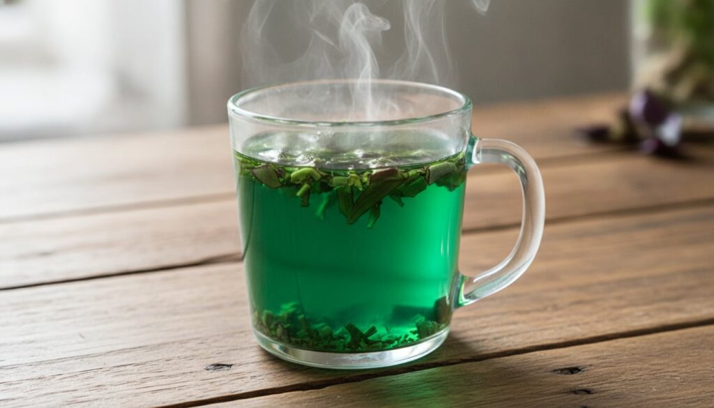 A clear glass mug with freshly poured Tradescantia Zebrina infusion showing the green liquid and a few leaves steeping