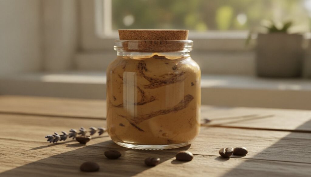 A close-up of a smooth brown-colored cream with visible coffee grounds in a small glass jar ready for use on skin