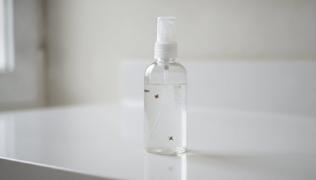 A clear glass spray bottle filled with a cloudy translucent rice and clove elixir placed on a light-colored vanity with