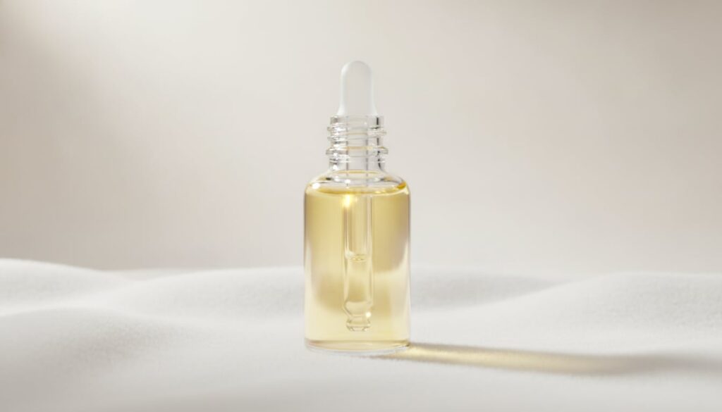 A small clear glass dropper bottle filled with the golden glowing skin oil placed on a smooth light-colored surface with