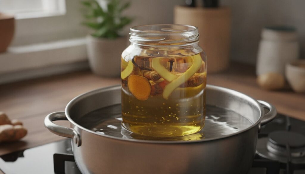 A close-up of a glass jar containing the infused oil with cloves turmeric and ginger gently heating in a double boiler o