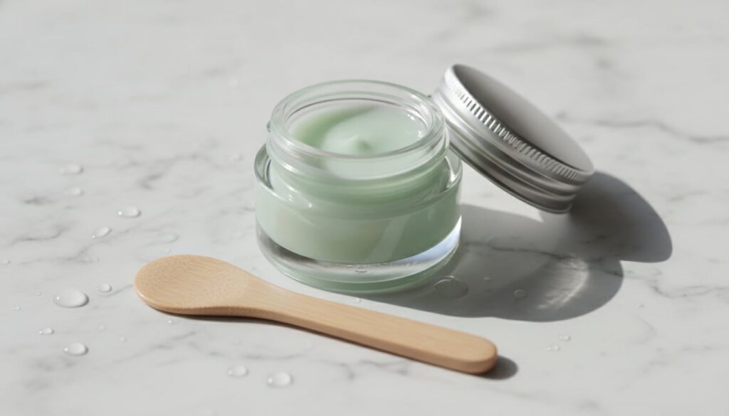 A close-up of a small glass jar filled with a pale green balm showcasing the smooth creamy texture A wooden spoon or spa