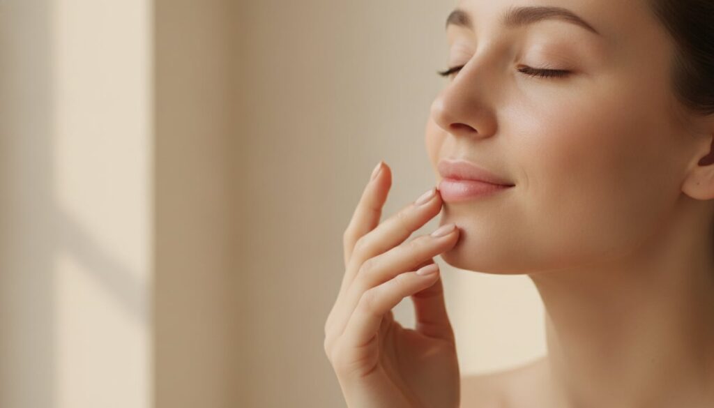 A woman s hand gently touching her smooth cheek after skincare conveying a feeling of softness and satisfaction