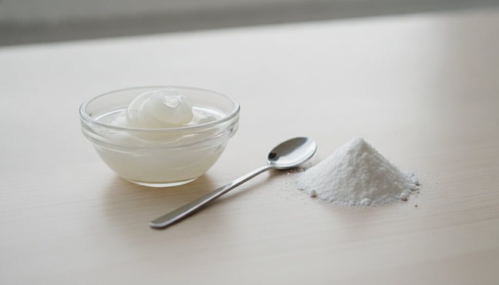 Ingredients for the DIY exfoliant a small bowl with Vaseline a spoonful of baking soda and a mixing tool