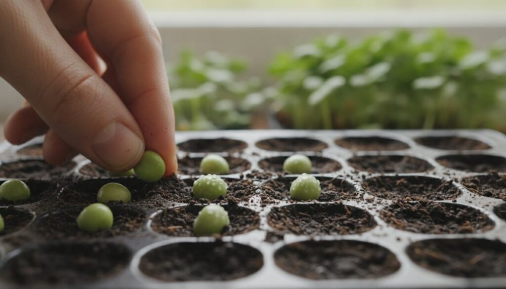A close-up shot of a gardener s hands gently planting pre-soaked pea seeds into a seed-starting tray filled with moist s