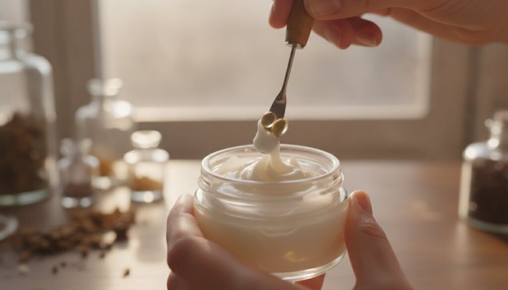Close-up shot of a person gently mixing Vaseline and liquid from a small capsule in a glass jar with a small spatula sho