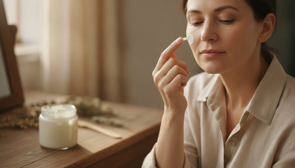 A woman in her 40s gently applying a small amount of the DIY cream to her cheek illustrating a delicate application meth