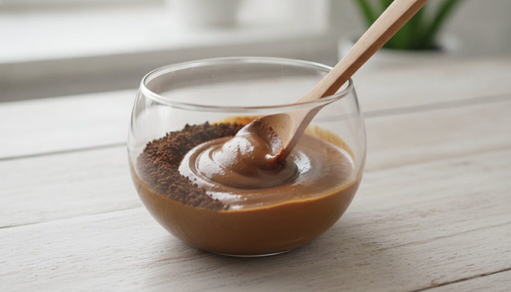 A small bowl with coffee granules and baby oil being mixed into a paste with a spoon