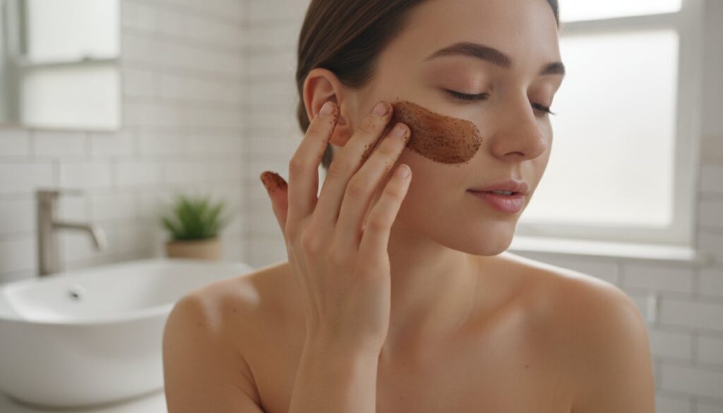 A woman gently applying the DIY coffee and baby oil cream to her face with a focus on her hand and cheek