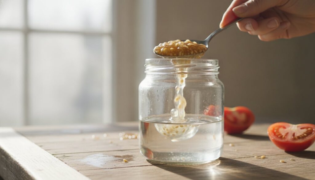 Close-up of tomato seeds and gel being scooped into a glass jar with a small amount of water ready for fermentation The 
