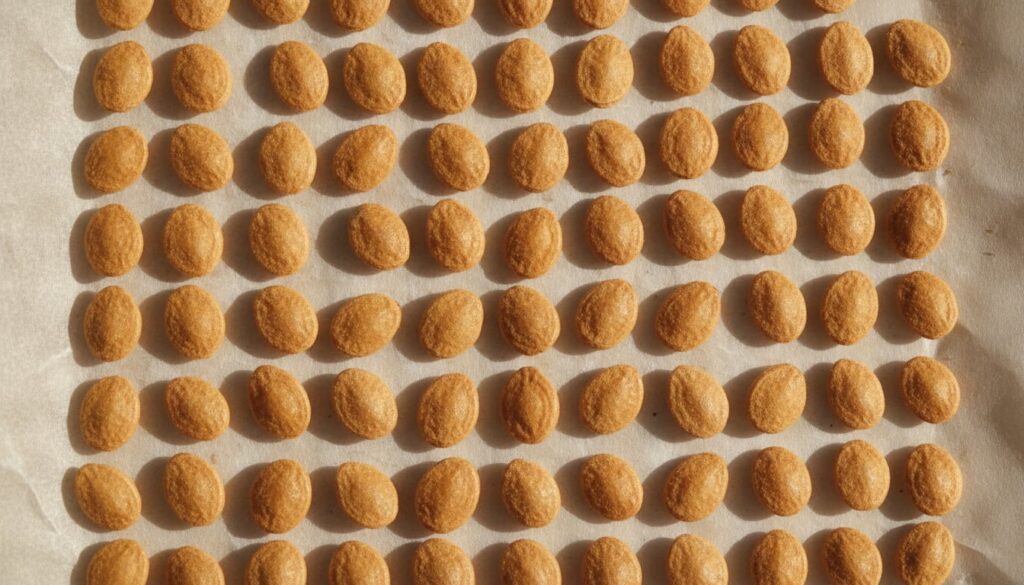 Clean dried tomato seeds spread in a single layer on parchment paper on a tray with good spacing between seeds ready for