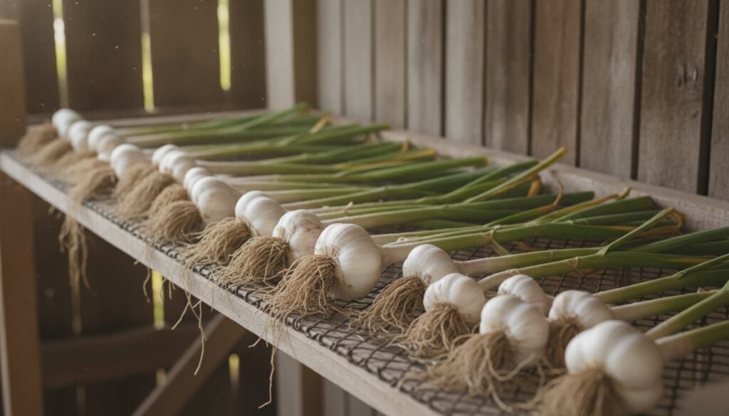 Freshly harvested garlic bulbs laid out to cure with their stalks and roots still attached in a shaded well-ventilated a