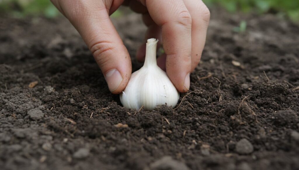 Close-up image of a hand planting a garlic clove root-end down into prepared soil The clove is partially visible and the