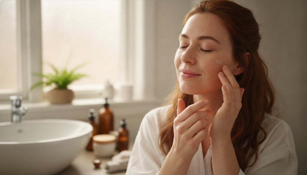 A woman gently applying a small amount of clear gel to her cheek illustrating the use of a facial serum in a bright bath