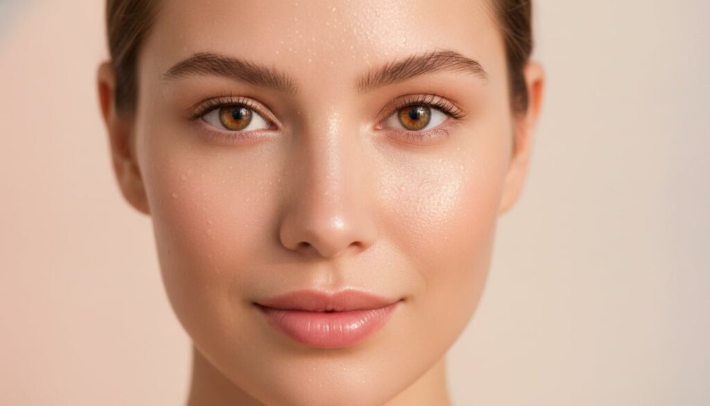 A close-up of a woman s face with visibly glowing hydrated skin after applying a DIY mask