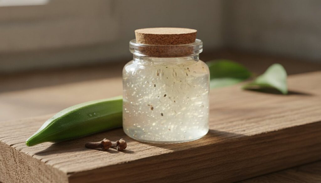 A small clear glass jar filled with translucent okra and clove gel with a fresh okra pod and a few cloves next to it on 