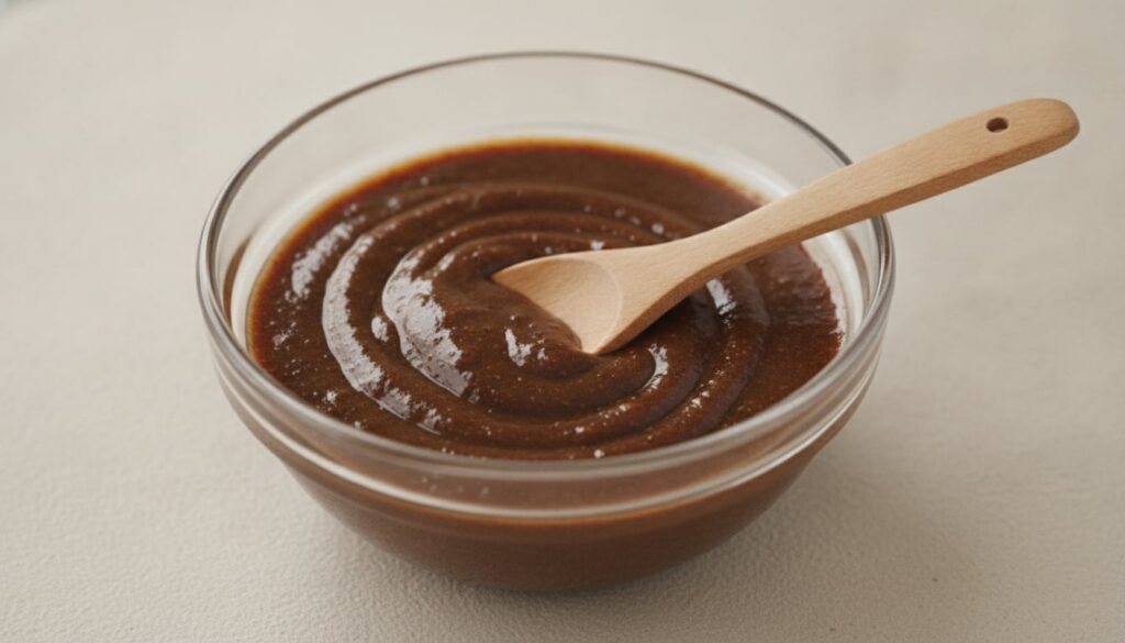 A close-up of a bowl containing a dark thick paste made from coffee and baby oil with a spoon resting in it