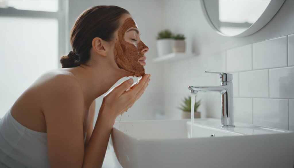 A woman gently rinsing a coffee and baby oil mask from her face over a sink with soft hydrated skin visible