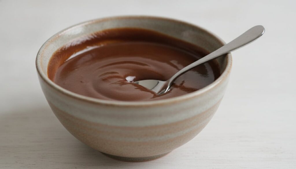 A small bowl containing a mixed paste of coffee grounds and baby oil with a spoon for mixing