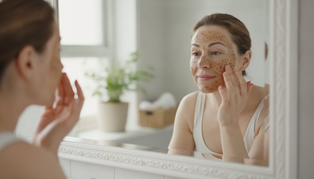 A woman gently applying a coffee and baby oil paste to her face in a well-lit bathroom looking into a mirror